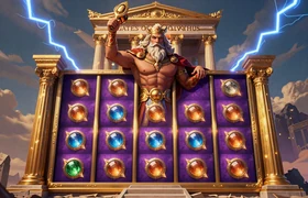 Gates of Olympus Slot von Pragmatic Play mit Zeus auf dem Olymp, goldene Tempel und Blitze im epischen Casino-Slot-Stil