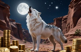 Wolf Gold Slot von Pragmatic Play mit majest&auml;tischem Wolf beim Heulen an Vollmond &uuml;ber amerikanischem Canyonlandschaft