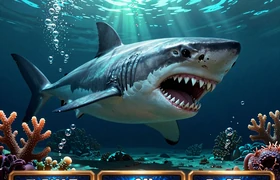 Razor Shark Slot von Push Gaming mit Wei&szlig;em Hai in dramatischer Tiefsee-Unterwasserwelt und leuchtendem Korallenriff