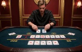 Baccarat Pro Tischspiel von BGaming mit elegantem Kartentisch, asiatisch inspiriertem Luxus-Casino in Rot und Gold