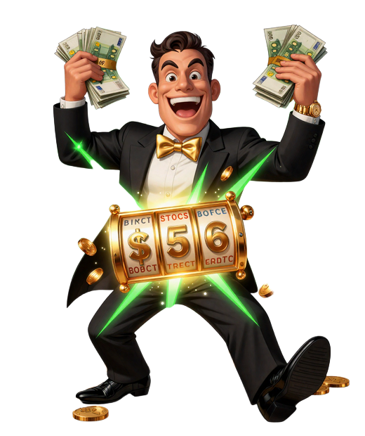 BillionaireSpin Maskottchen Der Billion&auml;r im Smoking mit Goldm&uuml;nzen und Geldscheinen springt aus dem Spielautomaten