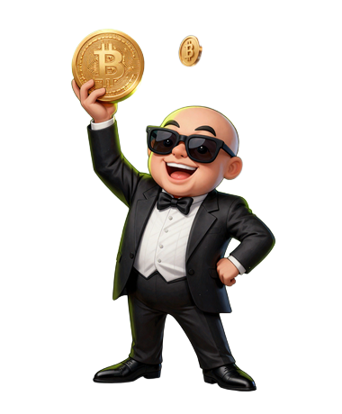 BillionaireSpin Maskottchen mit Sonnenbrille h&auml;lt leuchtendes Bitcoin Krypto Casino Symbol