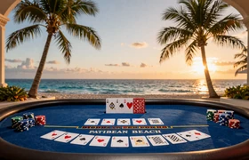 Caribbean Beach Poker Tischspiel mit tropischer Strandatmosph&auml;re, Pokerbl&auml;ttern und Chips am t&uuml;rkisblauen Tisch