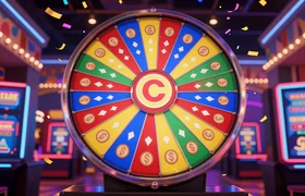 Crazy Time Live Casino Spielshow von Evolution - Riesenrad mit bunten Segmenten und Konfetti
