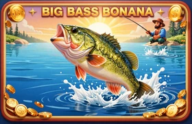 Big Bass Bonanza Slot von Pragmatic Play - Angler mit Riesenbarsch und Goldm&uuml;nzen an einem sonnigen See