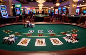 Vegas Downtown Blackjack Tischspiel mit Ass und K&ouml;nig auf gr&uuml;nem Spieltisch in Las-Vegas-Casino-Atmosph&auml;re