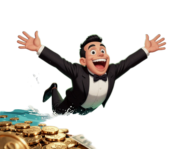 BillionaireSpin Maskottchen schwimmt in Goldm&uuml;nzen-Pool als Jackpot-Gewinner mit Geldscheinen in der Luft