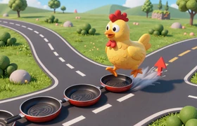 Chicken Road Crash Game von Spribe - Cartoon-Huhn springt &uuml;ber Bratpfannen mit steigenden Multiplikatoren