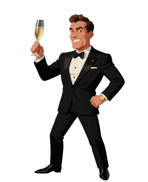 BillionaireSpin Maskottchen Der Billion&auml;r auf Luxusyacht mit Champagner und VIP-Casino-Dashboard auf dem Laptop