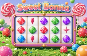 Sweet Bonanza Slot von Pragmatic Play mit Candy-Land-Welt, bunten S&uuml;&szlig;igkeiten und Tumble-Gewinnmechanik