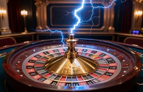 Lightning Roulette Live von Evolution - Rouletterad mit dramatischen blauen Blitzen im Luxus-Casinostudio
