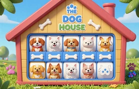 The Dog House Megaways Slot von Pragmatic Play mit s&uuml;&szlig;en Cartoon-Hunden in buntem Hundehaus und Megaways-Bonus-Mechanik