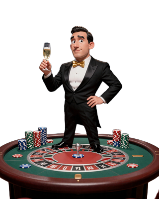 BillionaireSpin Maskottchen Der Billion&auml;r im Smoking am Roulettetisch im Luxus-Penthouse-Casino mit Champagner