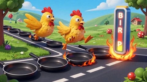 Chicken Road Crash Game mit lustigem Cartoon-Huhn das &uuml;ber hei&szlig;e Bratpfannen springt und Multiplikatoren sammelt