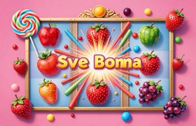 Sweet Bonanza Slot von Pragmatic Play - bunte Fr&uuml;chte und S&uuml;&szlig;igkeiten im Candy-Land-Stil