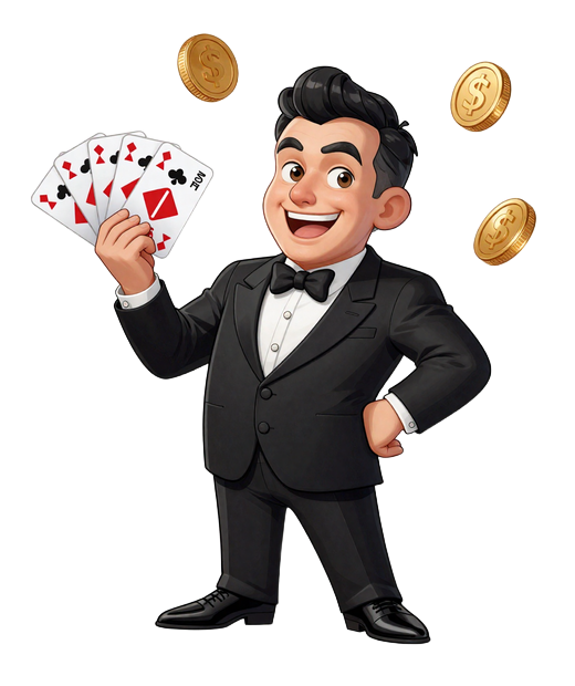 BillionaireSpin Maskottchen Der Billion&auml;r im Smoking h&auml;lt gef&auml;cherte Zahlungskarten PayPal Bitcoin Visa mit goldenen M&uuml;nzen