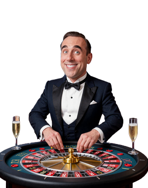 BillionaireSpin Maskottchen im Penthouse am Roulettetisch mit Stadtpanorama und Champagner