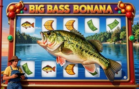 Big Bass Bonanza Slot von Pragmatic Play mit Angler und riesigem Fisch, Geldt&ouml;pfe und Bonusrunden an sonnigem See