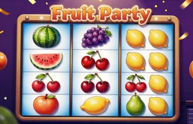 Fruit Party Slot von Pragmatic Play mit bunten Fr&uuml;chten in Party-Atmosph&auml;re und Cluster-Gewinn-Mechanik