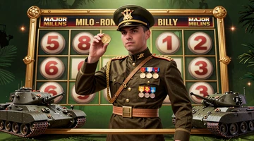 Major Millions progressiver Jackpot Slot mit Milit&auml;roffizier, Panzer-Symbolen und klassischem Jackpot-Slotdesign