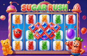 Sugar Rush Slot von Pragmatic Play mit Gummib&auml;ren und Kristallgems in magischer S&uuml;&szlig;igkeitenfabrik