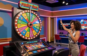 Funky Time Live Show von Evolution Gaming im 70er-Retro-Disco-Stil mit buntem Gl&uuml;cksrad und Bonusspielen